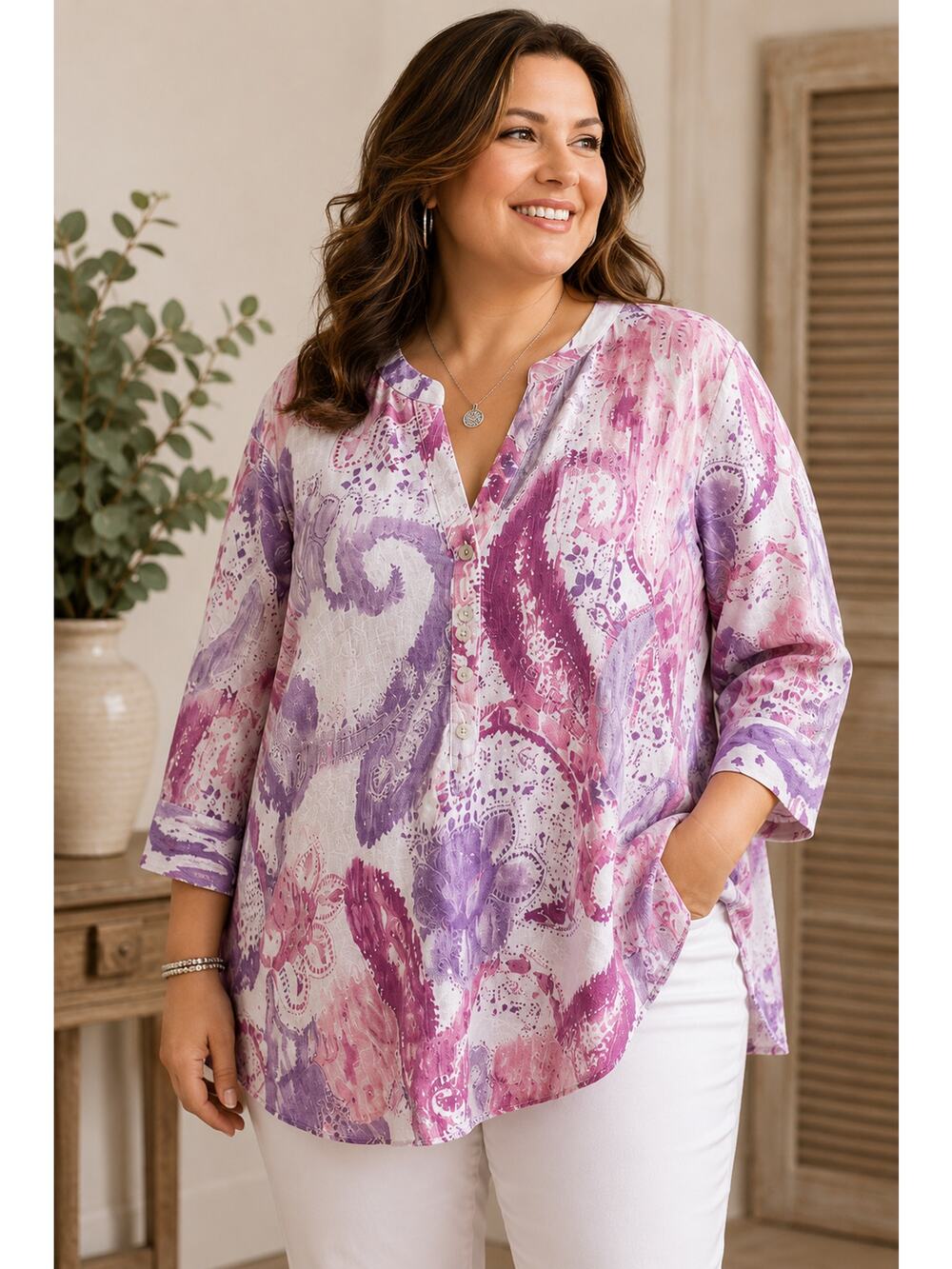 Chico's Linen Tunic SZ20 Purple Pink Paisley Print Button Popover Boho Coastal